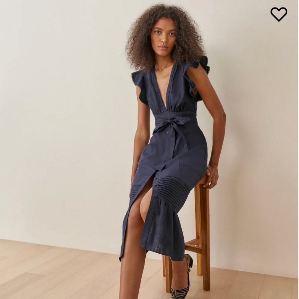 Reformation Lili Linen Dress in Navy, NWT